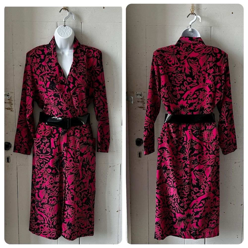 Vintage 80s Dawn Joy Pink and Black Floral Graphic Print Midi Dress with Belt - Picture 15 of 16